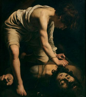 Caravaggio, Dawid i Goliat (1599-1600). Kompozycja przypomina nieznaną literę z greckiego alfabetu. Dawid, zarysowany ostrym światłocieniem, zgina się w kształt dużej greckiej gammy, lecz makabryczną kropkę w prawym dolnym rogu stanowi odcięta głowa Goliata.